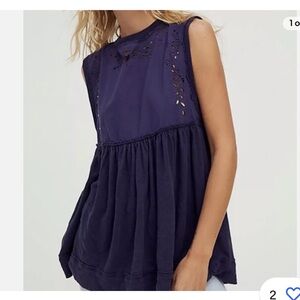 Free People Bella Babydoll Dark Blue Eyelet Top, M